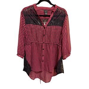 Torrid Women's Pink Black Gingham Tie Back Lace Trim Sheer Boho Top Size 0 Large